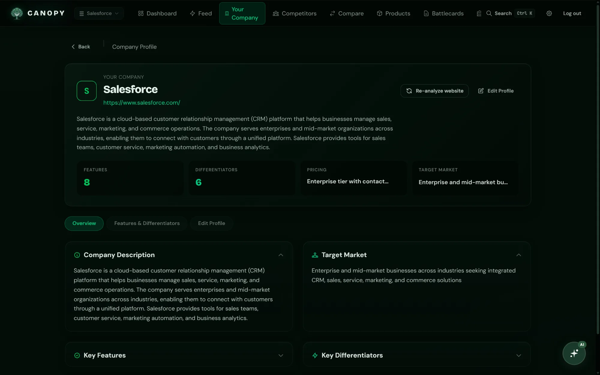 Canopy company profile screen with an AI-generated business description, feature and differentiator counts, pricing summary, and target market