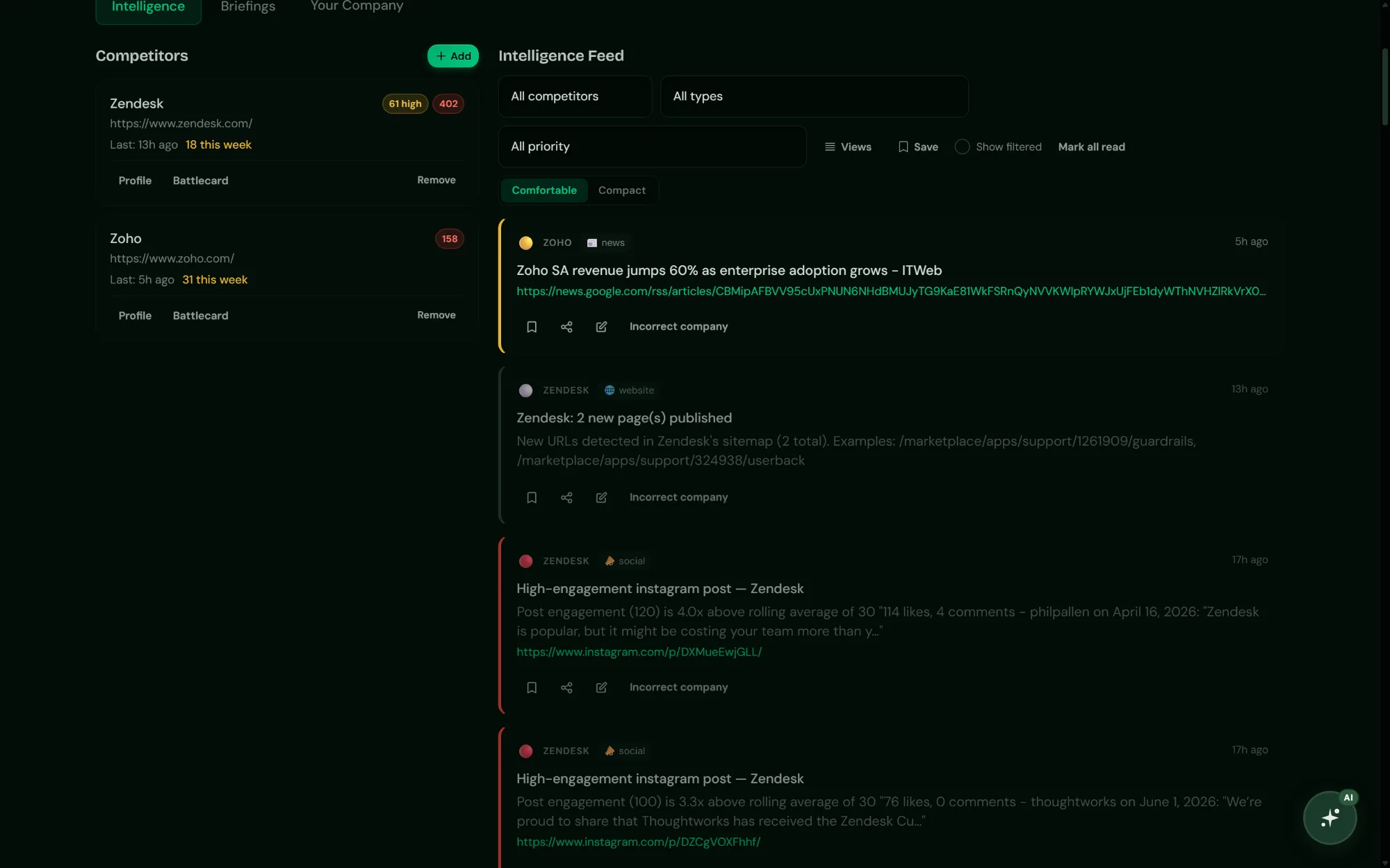 Canopy intelligence feed showing real-time competitor signals from websites and social media with filters for competitor, type, and priority